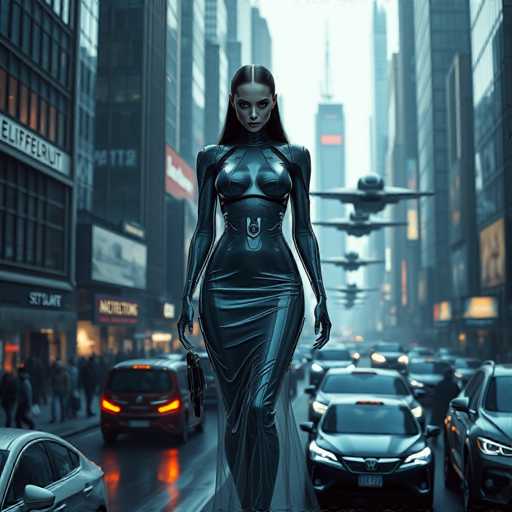 A woman dressed in a black leather outfit walks down a busy city street surrounded by cars and buildings with large windows reflecting the gray sky above.
