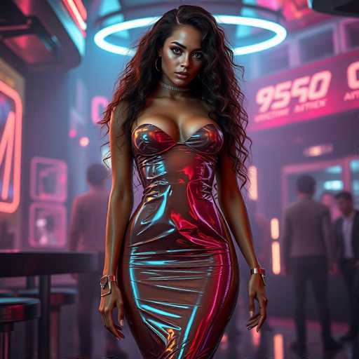 The image shows a woman wearing a strapless dress with a metallic sheen and a necklace. She is standing in front of a neon sign that reads "95500". The background reveals the presence of other people, suggesting an indoor setting such as a bar or club.