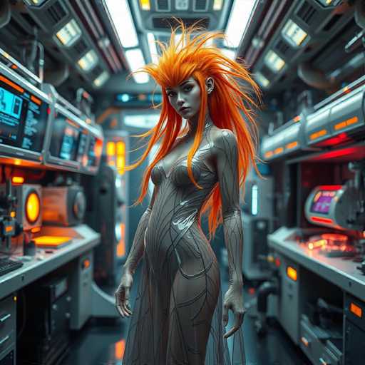 A woman with long red hair and a futuristic outfit stands in front of a computer monitor on the left side of the image. The background is filled with various machines and equipment, suggesting an industrial or technological setting.