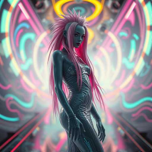 A woman with long pink hair and a futuristic outfit stands confidently against a backdrop of neon lights and abstract shapes.
