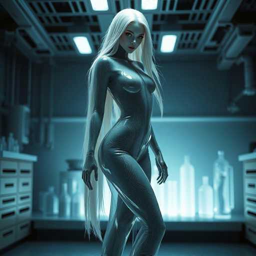 A woman with long blonde hair is standing in a room filled with various objects including bottles and vases of different shapes and sizes. The room has a futuristic aesthetic, characterized by blue walls that reflect the light from multiple sources scattered throughout the space.