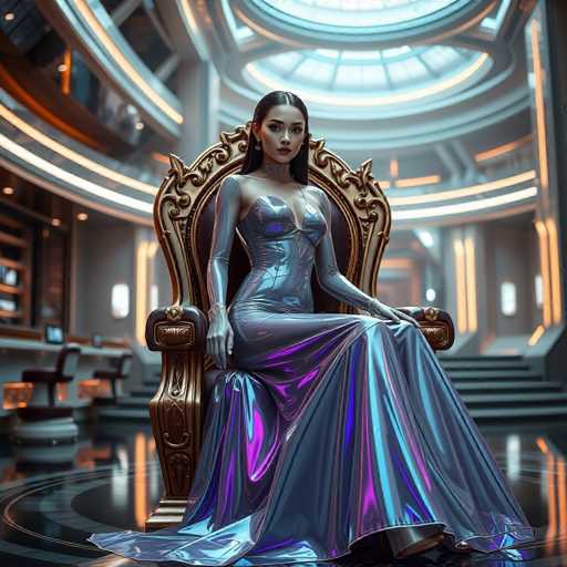 A woman is seated on a golden throne in an indoor space with a high ceiling and large windows that allow natural light to flood the room. She is wearing a long, metallic dress that reflects the light from the windows, creating a shimmering effect around her. The woman's pose suggests she is in a position of authority or importance, as if she holds some sort of leadership role within this space.