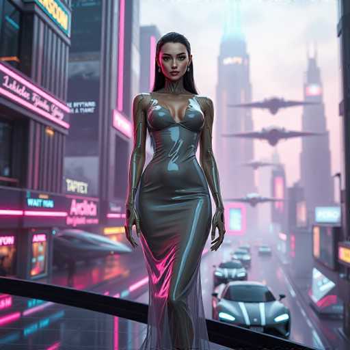 A woman stands on a balcony overlooking a cityscape at night. She is wearing a long, shiny dress that reflects the neon lights of the buildings below. The city skyline features tall buildings with illuminated windows and billboards in various colors, including pink, blue, and white. Cars are parked along the street, and planes can be seen flying overhead against the dark sky.