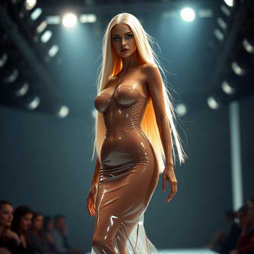 A woman with blonde hair is walking down a runway wearing a long, shiny dress that appears to be made of plastic or glass. The background shows a stage with lights and other models on it.