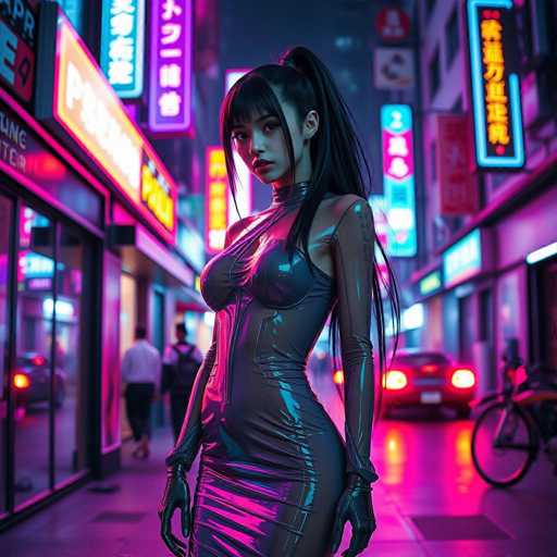 A woman stands on a city street at night, wearing a black leather dress and high heels with her hair styled in a ponytail. The background is filled with neon signs and buildings, creating an urban atmosphere.