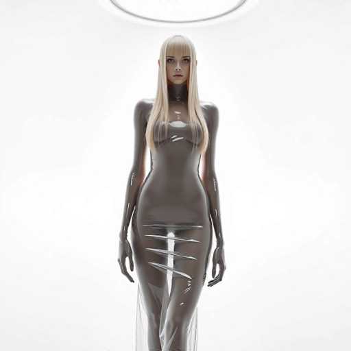 A woman with blonde hair and a tight-fitting gray bodysuit stands against a stark white background, her arms outstretched as she gazes directly at the camera.