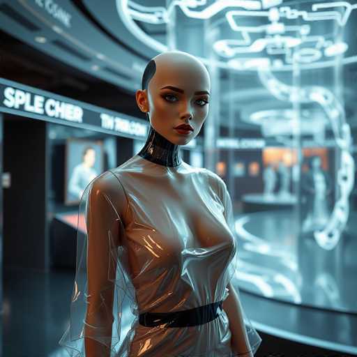 A woman with a bald head and a black collar stands in front of a neon sign that reads "SPLE CHER" and is wearing a white dress.
