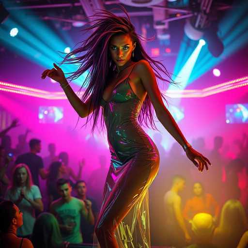 A woman is standing on stage at a club with her hair styled in loose waves and wearing a green dress that contrasts with the colorful lights around her. The background shows other people dancing and enjoying themselves, creating an energetic atmosphere.