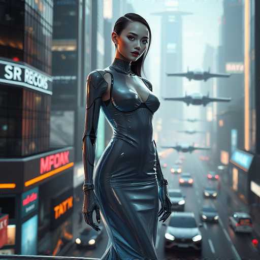 A woman stands on a rooftop overlooking a busy city street below her. She is wearing a black leather dress and high heels, with long dark hair cascading down her back. The cityscape in the background features tall buildings of varying heights, including one with a sign that reads "SR RECOS". Cars are driving along the street, and airplanes can be seen flying overhead against an overcast sky.
The woman is positioned on the left side of the image, while the cars and airplanes fill the right side. The cityscape stretches out behind her, creating a sense of depth in the scene.