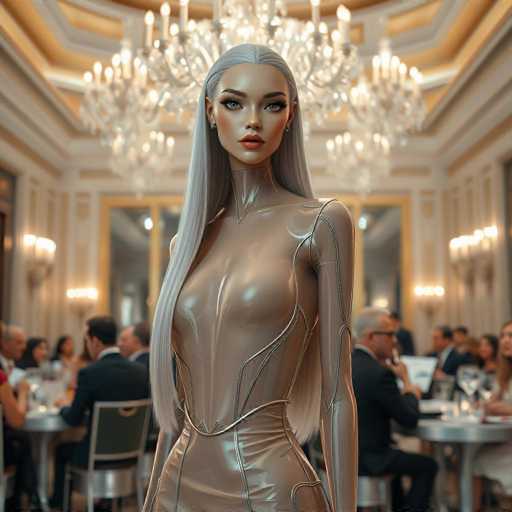 The image depicts a woman with long blonde hair and blue eyes standing in the center of a room filled with people dressed in formal attire. The room is adorned with chandeliers hanging from the ceiling, creating an elegant atmosphere. The woman appears to be the main subject of the photograph, positioned centrally within the frame.