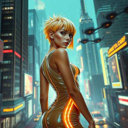 The image depicts a woman standing on a street corner in a futuristic cityscape. She is wearing an orange and white dress with neon yellow stripes that glows against the backdrop of tall buildings and neon signs. The woman's hair is styled in a spiky manner, adding to her futuristic appearance. In the background, there are cars and other vehicles, suggesting a busy urban environment.