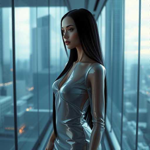 A woman with long dark hair is standing in front of a large window that offers an expansive view of the city skyline. She is wearing a silver dress and has her arms crossed over her chest. The background features tall buildings reaching towards the sky, suggesting an urban setting.