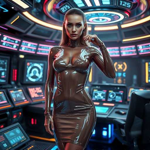 A woman stands confidently in front of a computer monitor and keyboard, wearing a brown leather dress that contrasts with the vibrant neon lights surrounding her. The room is filled with various screens displaying different colors and shapes, creating an atmosphere of technological innovation and creativity.