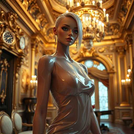 A woman is standing in front of a large window with gold trim and a chandelier hanging from the ceiling. She is wearing a white dress that contrasts with her blonde hair. The room has a high ceiling adorned with gold accents, including a clock on the wall above the window.