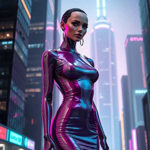 The image depicts a woman wearing a futuristic purple bodysuit with metallic sheen and large earrings standing on a city street at night. The background features tall buildings illuminated by neon lights, creating an urban atmosphere.