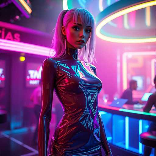 A woman with blonde hair and blue eyes stands confidently against a neon-lit background of a bar or nightclub. She is wearing a black leather outfit that includes a corset and high heels. The setting appears to be a modern, futuristic environment with neon lights and a circular ceiling light hanging from the top center of the image.
