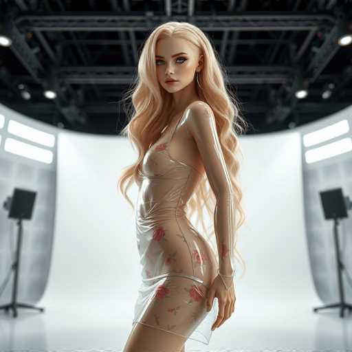 A woman with blonde hair and blue eyes is standing in a studio wearing a white dress with pink flowers on it. She has her arms crossed over her chest and is looking directly at the camera. The background of the image shows a white wall with black speakers mounted on it.