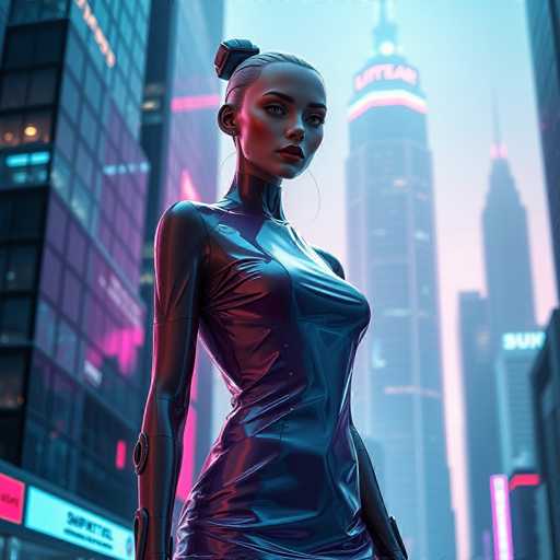A woman stands confidently on a city street at night, dressed in a futuristic black outfit that includes a metallic bodysuit and high heels. The cityscape behind her is illuminated by neon lights, creating an urban atmosphere.