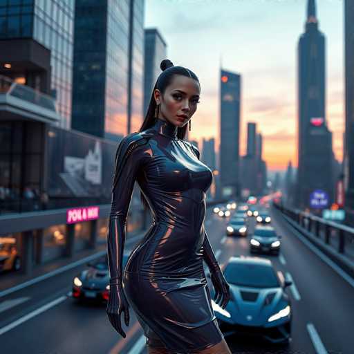 A woman stands on a bridge overlooking a busy city street at sunset. She is wearing a black leather outfit and has her hair styled in an updo. The sky above the city skyline is painted with hues of orange and pink, creating a warm glow that contrasts with the cool tones of the buildings below.