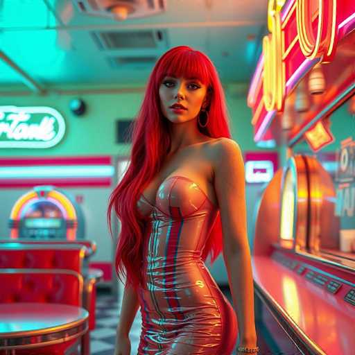 A woman with red hair and a strapless dress stands confidently in front of a neon sign that reads "The Rusty". The setting appears to be a retro diner or bar, as indicated by the presence of a neon sign.