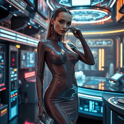 A woman stands confidently in front of a futuristic control panel, wearing a sleek black leather outfit that includes a high-collared dress and thigh-high boots. The control panel behind her is illuminated with blue neon lights, creating an otherworldly atmosphere.