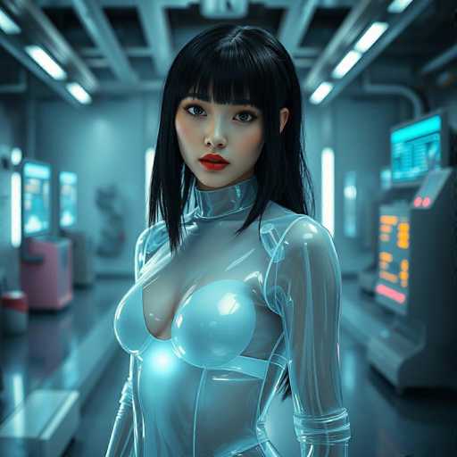A woman with long black hair wearing a white jumpsuit and red lipstick stands in front of a computer monitor displaying a blue screen with yellow text.