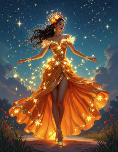 The image features a beautiful woman wearing an orange dress with white flowers, standing in the middle of a field. She is surrounded by numerous stars and flowers that are glowing brightly, creating a magical atmosphere around her. The woman appears to be dancing or twirling amidst this enchanting scene, adding a sense of joy and wonder to the image.