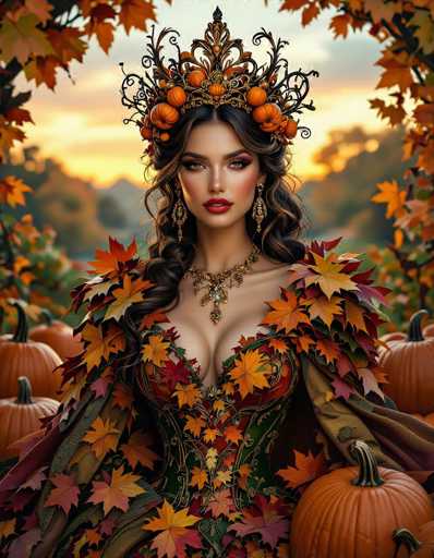 The image features a beautiful woman wearing an ornate, leaf-covered dress and a crown. She is standing in front of a group of pumpkins, which are arranged around her to create the impression that she is surrounded by autumn foliage. The woman's attire and the pumpkin arrangement give off a festive and enchanting atmosphere.