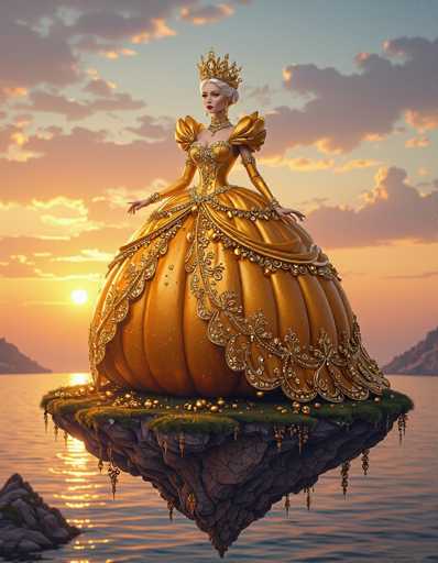 The image features a beautiful woman wearing an elaborate golden dress, standing on a floating island. The dress is adorned with gold accents and has a crown on her head, giving the impression of royalty or divinity. She appears to be in a serene and peaceful setting, surrounded by water and possibly overlooking a body of water such as a lake or ocean.