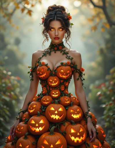 The image features a beautiful woman wearing an orange dress with pumpkin decorations. She is standing in front of a forest, surrounded by numerous carved pumpkins that are lit up and placed around her. The combination of the woman's attire and the pumpkin decorations creates a festive atmosphere, making it a visually appealing scene.