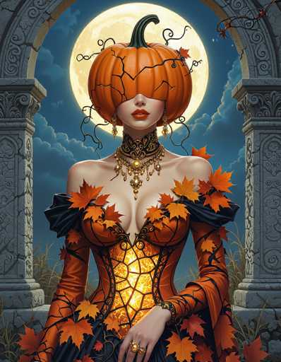 The image features a beautiful woman dressed in an orange dress, wearing a pumpkin headdress and leaves. She is standing next to a stone archway with a large full moon behind her. The scene appears to be set during the Halloween season, as suggested by the pumpkin-related elements in her attire and surroundings.
