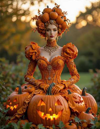 The image features a beautiful woman dressed in an elaborate costume, sitting on top of a pumpkin. She is wearing a long dress and has her hands resting on the pumpkin, giving off a sense of elegance and grace. The pumpkin she sits on is also decorated with carved faces, adding to the festive atmosphere. The scene takes place outdoors, surrounded by trees that provide a natural backdrop for this unique display.