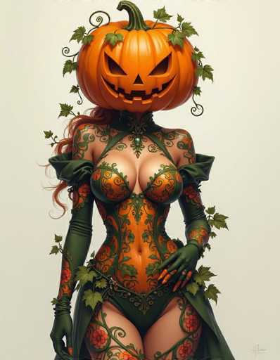 The image features a woman dressed in an orange and green costume, resembling a pumpkin. She is standing against a white background, which highlights her outfit and the overall theme of the image. The woman's pose suggests that she might be posing for a Halloween-themed photo or illustration.