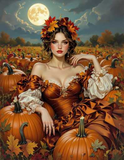 The image features a beautiful woman sitting in the middle of a pumpkin field. She is wearing an ornate dress and has her hand on her hip, giving off an elegant and regal appearance. The surrounding area is filled with numerous pumpkins of various sizes, creating a festive atmosphere. The woman's position within this scene suggests that she might be taking a break or posing for the picture in this picturesque setting.