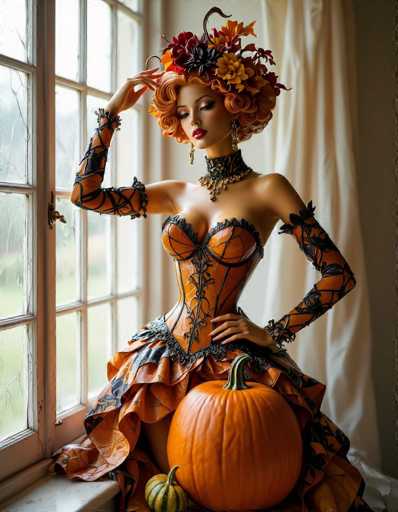 The image features a beautiful woman wearing an orange dress and a pumpkin hat, sitting in front of a window. She is posing for the picture with her hand on her head, giving off an elegant and stylish vibe. The scene appears to be set indoors, possibly at home or in a studio environment.