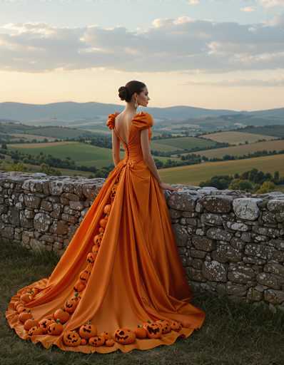 The image features a beautiful woman standing in front of a stone wall, wearing an orange dress with a pumpkin design. She is positioned on the grassy area next to the wall and appears to be looking out over the landscape. The scene suggests that she might be enjoying her time outdoors or taking a moment to appreciate the surroundings.
