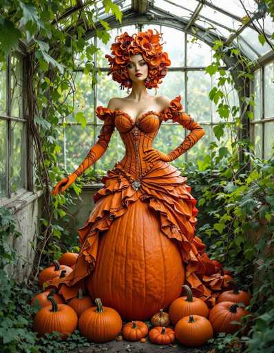 The image features a beautiful woman wearing an orange dress and a wig, standing in front of several pumpkins. The pumpkins are arranged around her, creating a visually striking scene that complements the woman's attire. The combination of the vibrant colors from both the woman's outfit and the pumpkins adds to the overall festive atmosphere of the image.