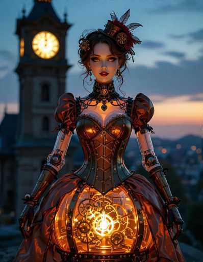 The image features a woman dressed in an elaborate costume, possibly resembling a steampunk outfit. She is standing on a rooftop and holding a clock that has gears inside it. The clock appears to be lit up, adding a unique element to the scene. The woman's attire includes a corset, gloves, and a hat, which further emphasizes her steampunk appearance.
