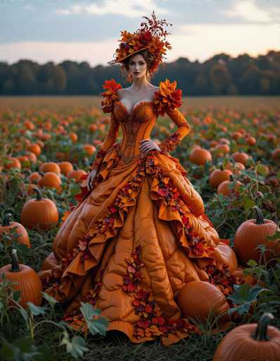The image features a beautiful woman wearing an orange dress with long sleeves and a hat, standing in a pumpkin field. She is surrounded by numerous pumpkins of various sizes and shapes, creating a picturesque autumn scene. The woman appears to be posing for the camera, showcasing her stunning attire amidst the vibrant fall landscape.