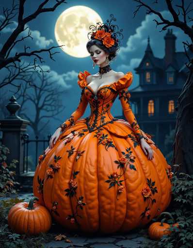 The image features a beautiful woman wearing an orange dress, standing in front of a house with a full moon. She is positioned on the left side of the frame and appears to be posing for the picture. The house behind her has two chimneys, adding to the overall atmosphere of the scene. There are also three pumpkins placed around her, one near each corner of the image, creating an interesting visual effect with their size compared to the woman's figure.