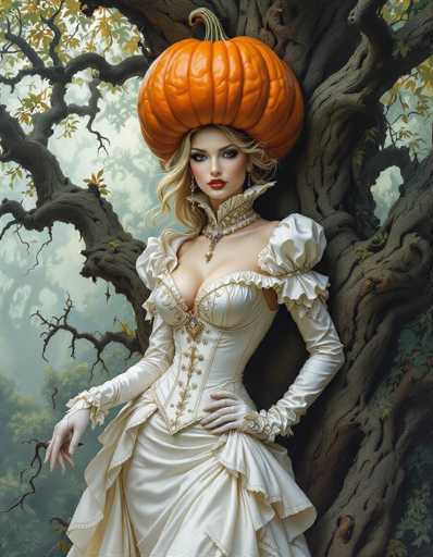The image features a beautiful woman dressed in an elaborate white gown and a large pumpkin hat. She is standing next to a tree, which adds a sense of depth to the scene. The woman's attire and the pumpkin hat give off a regal and enchanting vibe.
