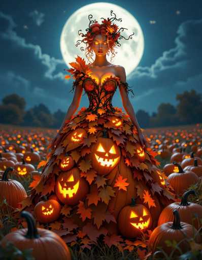 The image features a beautiful woman standing in the middle of a pumpkin field, surrounded by numerous carved pumpkins. She is wearing an elaborate Halloween costume that includes leaves and flowers adorning her dress, giving her a festive appearance. The scene creates a spooky atmosphere as the woman stands out against the backdrop of the pumpkin-filled field under a full moon.