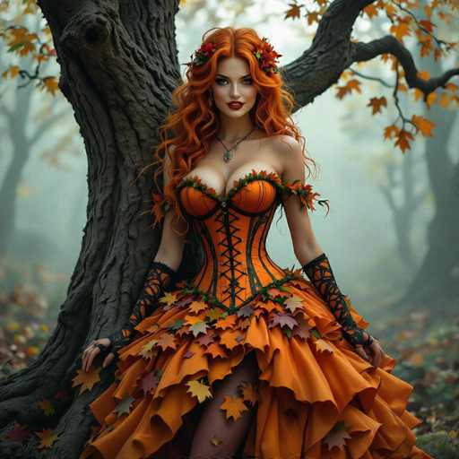 The image features a beautiful woman with red hair wearing an orange dress. She is standing in front of a tree, and the leaves on her dress are falling around her. The scene appears to be set in a forest or woods area, creating a serene and enchanting atmosphere.