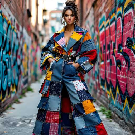 A woman is standing on a sidewalk wearing a colorful patchwork dress made from denim pieces and a matching jacket with patches of different colors. The background features a wall covered in graffiti art.