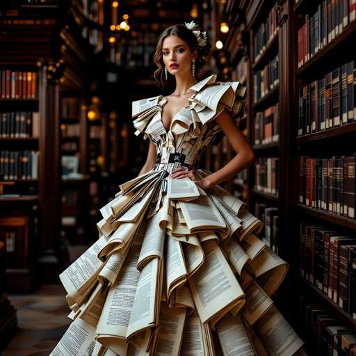A woman is standing in front of a bookshelf filled with books and wearing an elaborate dress made entirely out of pages from various books. The dress has a white bodice and skirt, both adorned with intricate patterns that resemble the pages of classic literature. The woman's hair is styled in loose curls, adding to her elegant appearance.