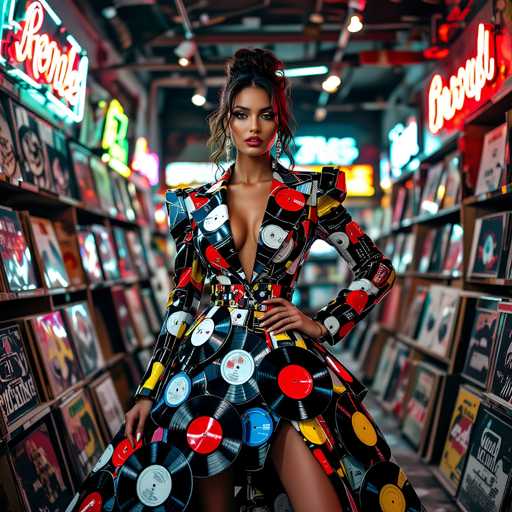 A woman stands confidently in front of a record store filled with rows and rows of records on the shelves behind her. She is wearing a dress adorned with colorful circles that match the vibrant covers of the records around her. The background features neon signs for "REGN" and "Coke", adding to the overall atmosphere of the scene.