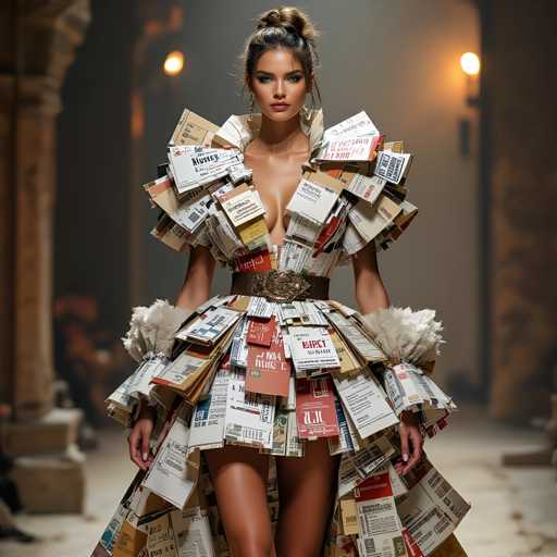 The image shows a woman wearing an elaborate dress made entirely out of newspaper clippings and other paper materials. The dress is designed with various patterns and shapes, creating a unique and eye-catching ensemble. The woman stands confidently in the center of the frame, her posture suggesting that she is ready to take on the world.

The background features a stone wall adorned with columns, adding an element of historical significance to the scene. There are also several other people present in the image, but they are blurred and not the main focus.