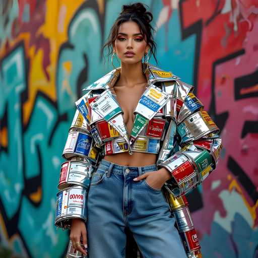 A woman is standing against a vibrant graffiti wall with her arms crossed and legs apart. She is wearing a unique jacket made of colorful cans that she holds up for the camera. The background features a mix of blue, pink, yellow, and red colors, creating an artistic backdrop to the scene.