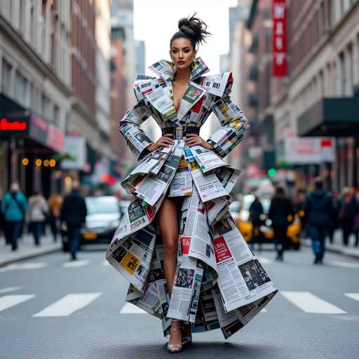 A woman is standing on a city street wearing an elaborate dress made entirely out of newspapers and magazines. The dress has a high neckline and long sleeves, with the front featuring a unique design that resembles a newspaper front page. The dress is predominantly white, but it's adorned with various colors from different sections of the paper, creating a vibrant and eye-catching ensemble.