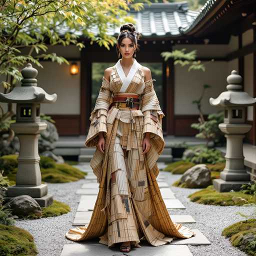 A woman is standing in front of a traditional Japanese garden, wearing an ornate gold and white dress with a high collar and long sleeves. The garden features a stone path leading to two stone lanterns on either side, creating a serene and tranquil atmosphere.